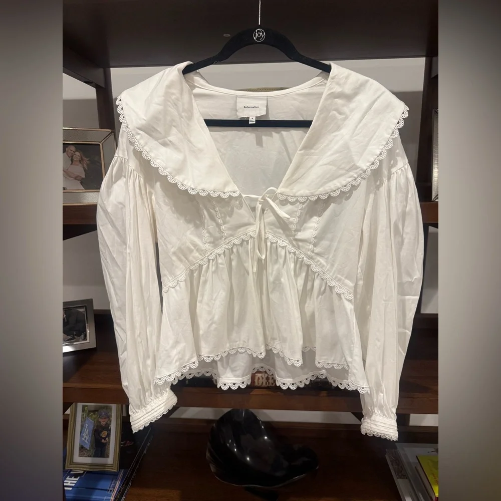 Reformation White Lace-Trim Peasant Blouse